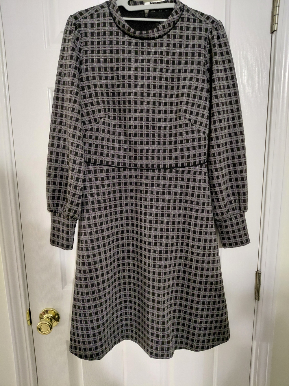Ann Taylor Black and Gray Checked Long-Sleeve A-Line Dress